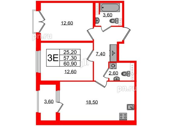 Квартира в ЖК Дубровский, 2 комнатная, 60.9 м², 2 этаж