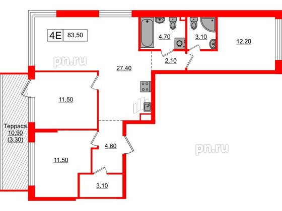 Квартира в ЖК А101 Всеволожск, 3 комнатная, 83.5 м², 1 этаж