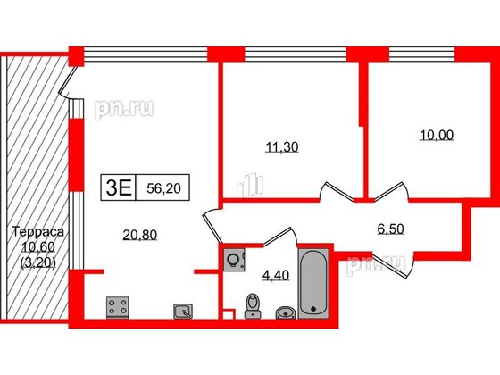 Квартира в ЖК А101 Всеволожск, 2 комнатная, 56.2 м², 1 этаж