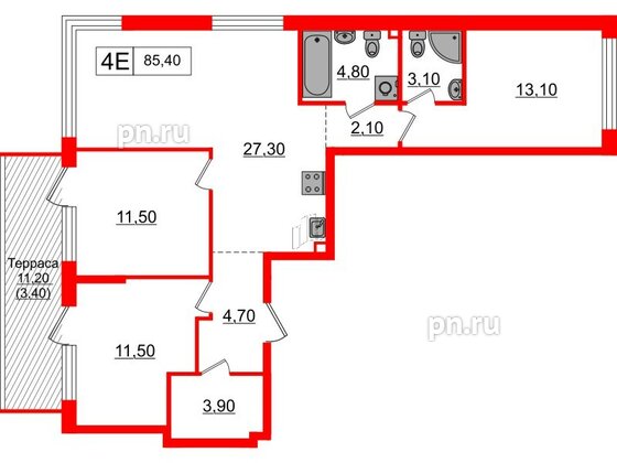 Квартира в ЖК А101 Всеволожск, 3 комнатная, 85.4 м², 1 этаж