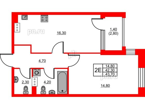 Квартира в ЖК Тайм Сквер, 1 комнатная, 43.7 м², 3 этаж