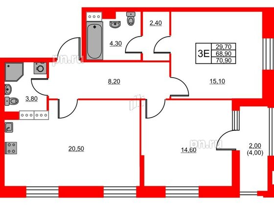 Квартира в ЖК Тайм Сквер, 2 комнатная, 70.9 м², 3 этаж