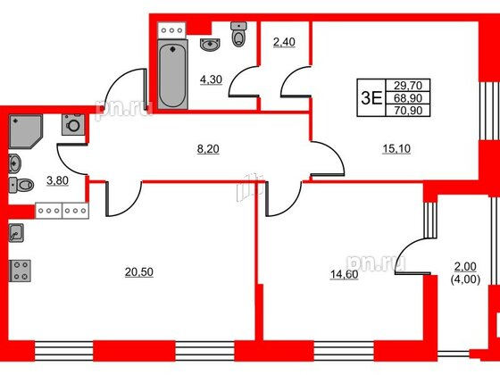 Квартира в ЖК Тайм Сквер, 2 комнатная, 70.9 м², 10 этаж