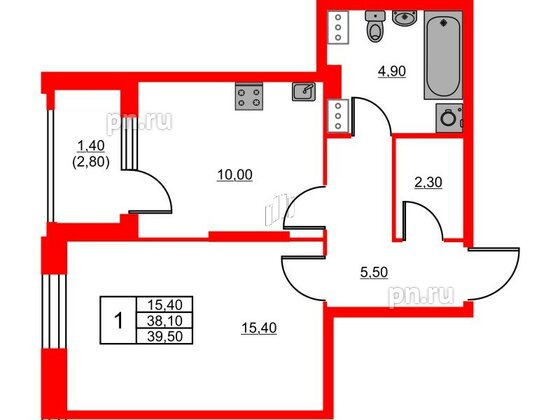 Квартира в ЖК Тайм Сквер, 1 комнатная, 39.5 м², 9 этаж