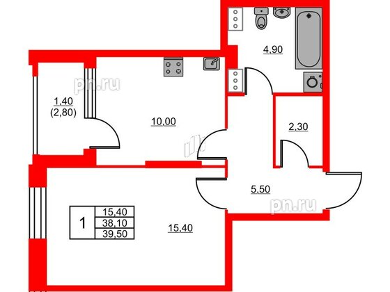 Квартира в ЖК Тайм Сквер, 1 комнатная, 39.5 м², 13 этаж