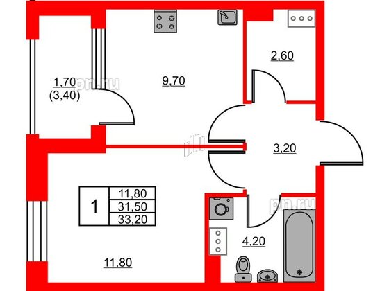 Квартира в ЖК Тайм Сквер, 1 комнатная, 33.2 м², 11 этаж