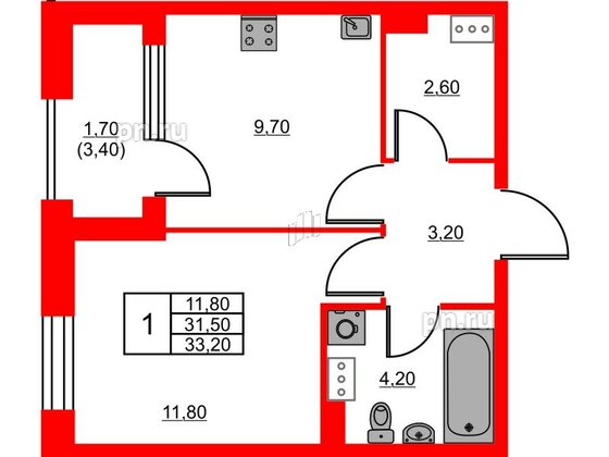 Квартира в ЖК Тайм Сквер, 1 комнатная, 33.2 м², 13 этаж