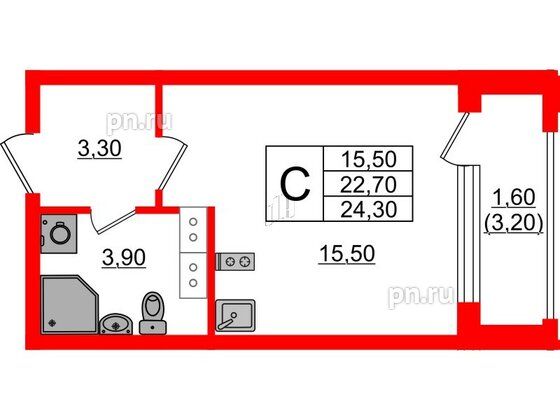 Квартира в ЖК Тайм Сквер, студия, 24.3 м², 12 этаж