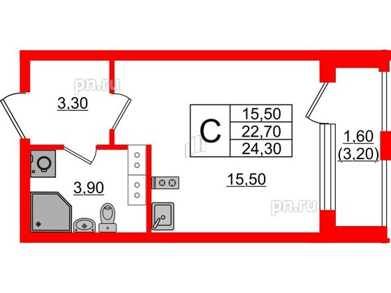 Квартира в ЖК Тайм Сквер, студия, 24.3 м², 13 этаж