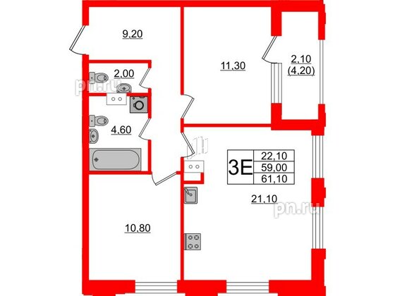 Квартира в ЖК Тайм Сквер, 2 комнатная, 61.1 м², 9 этаж