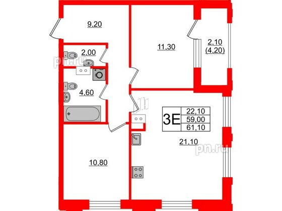 Квартира в ЖК Тайм Сквер, 2 комнатная, 61.1 м², 10 этаж