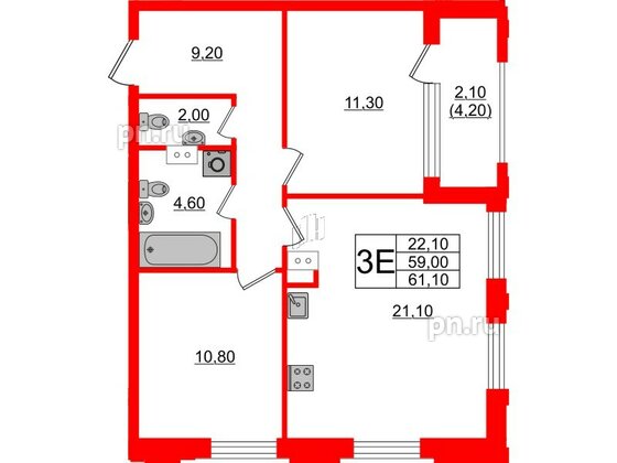 Квартира в ЖК Тайм Сквер, 2 комнатная, 61.1 м², 12 этаж