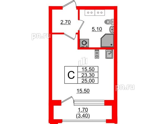 Квартира в ЖК Тайм Сквер, студия, 25 м², 6 этаж