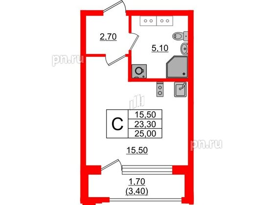 Квартира в ЖК Тайм Сквер, студия, 25 м², 12 этаж