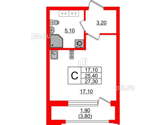 Квартира в ЖК Тайм Сквер, студия, 27.3 м², 13 этаж