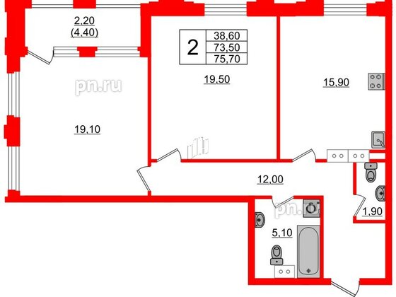 Квартира в ЖК Тайм Сквер, 2 комнатная, 75.7 м², 13 этаж