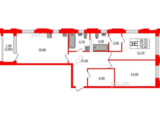 Квартира в ЖК Тайм Сквер, 2 комнатная, 76.6 м², 3 этаж