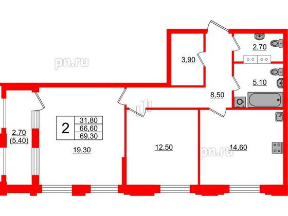 Квартира в ЖК Тайм Сквер, 2 комнатная, 69.3 м², 10 этаж