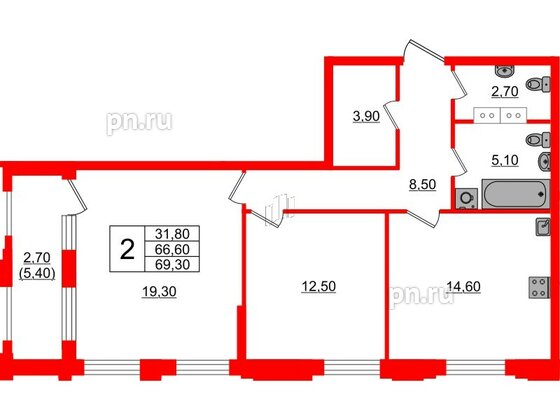 Квартира в ЖК Тайм Сквер, 2 комнатная, 69.3 м², 11 этаж