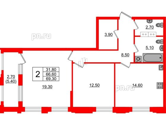 Квартира в ЖК Тайм Сквер, 2 комнатная, 69.3 м², 13 этаж