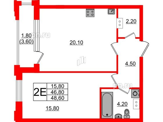 Квартира в ЖК Тайм Сквер, 1 комнатная, 48.6 м², 13 этаж