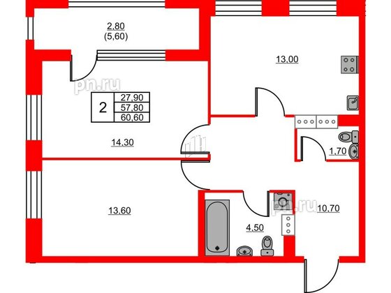 Квартира в ЖК Тайм Сквер, 2 комнатная, 60.6 м², 3 этаж