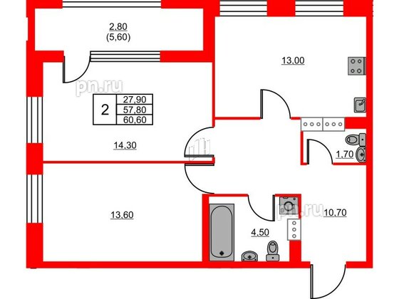 Квартира в ЖК Тайм Сквер, 2 комнатная, 60.6 м², 8 этаж