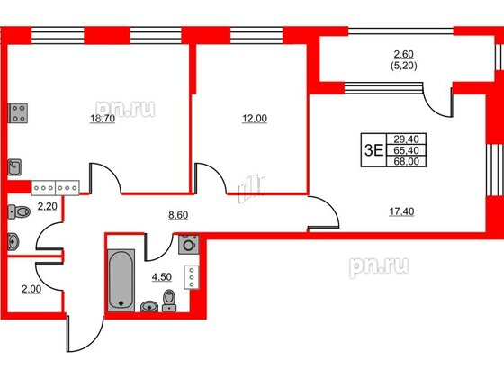 Квартира в ЖК Тайм Сквер, 2 комнатная, 68 м², 3 этаж