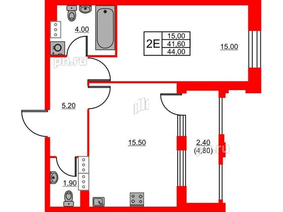 Квартира в ЖК Тайм Сквер, 1 комнатная, 44 м², 6 этаж