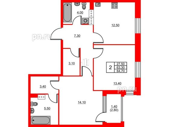 Квартира в ЖК Тайм Сквер, 2 комнатная, 64.7 м², 3 этаж