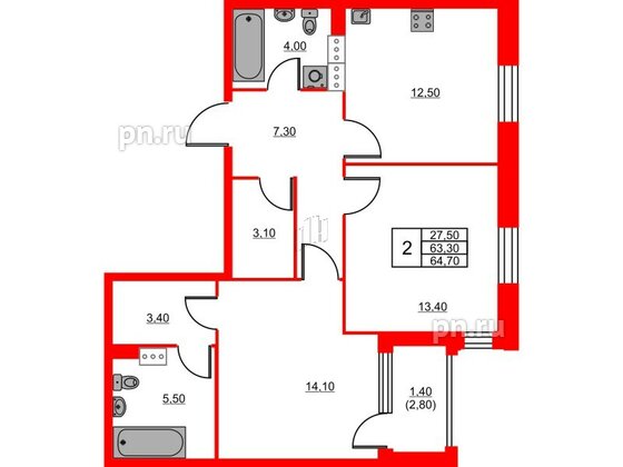 Квартира в ЖК Тайм Сквер, 2 комнатная, 64.7 м², 13 этаж