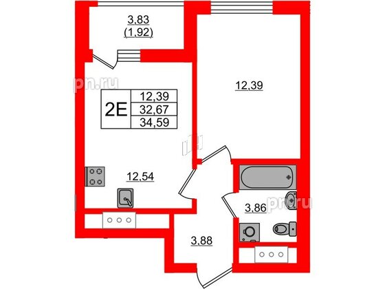 Квартира в ЖК UP-квартал Новый Московский, 1 комнатная, 34.59 м², 3 этаж