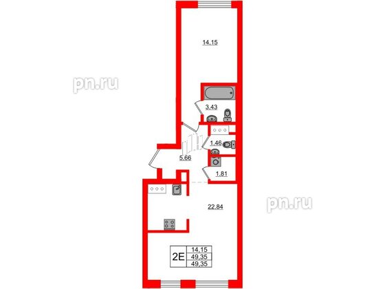 Квартира в ЖК UP-квартал Новый Московский, 1 комнатная, 49.35 м², 5 этаж