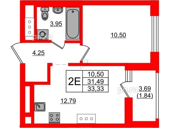 Квартира в ЖК UP-квартал Новый Московский, 1 комнатная, 33.33 м², 9 этаж