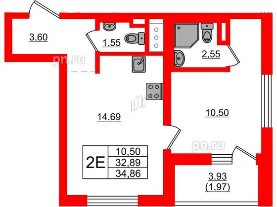 Квартира в ЖК UP-квартал Новый Московский, 1 комнатная, 34.86 м², 2 этаж