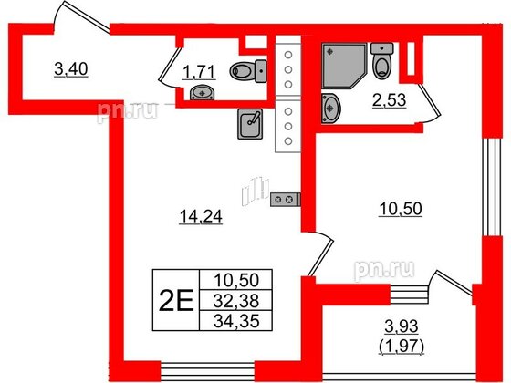 Квартира в ЖК UP-квартал Новый Московский, 1 комнатная, 34.35 м², 6 этаж