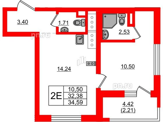Квартира в ЖК UP-квартал Новый Московский, 1 комнатная, 34.59 м², 7 этаж