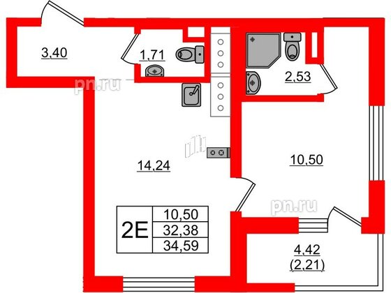 Квартира в ЖК UP-квартал Новый Московский, 1 комнатная, 34.59 м², 8 этаж