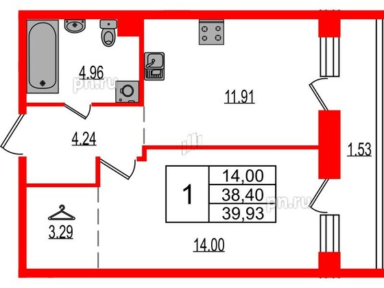 Квартира в ЖК Эко Гармония, 1 комнатная, 39.93 м², 1 этаж