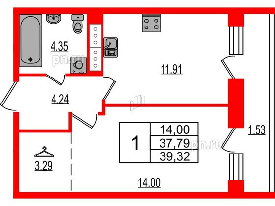 Квартира в ЖК Эко Гармония, 1 комнатная, 39.32 м², 3 этаж