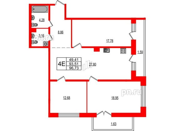 Квартира в ЖК Эко Гармония, 3 комнатная, 96.73 м², 1 этаж