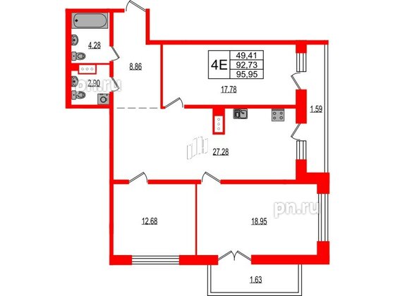 Квартира в ЖК Эко Гармония, 3 комнатная, 95.95 м², 2 этаж