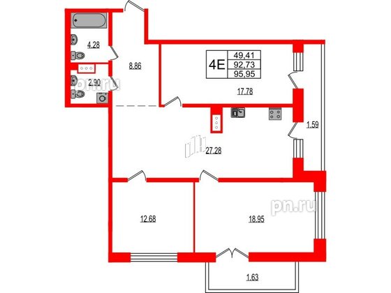 Квартира в ЖК Эко Гармония, 3 комнатная, 95.95 м², 3 этаж