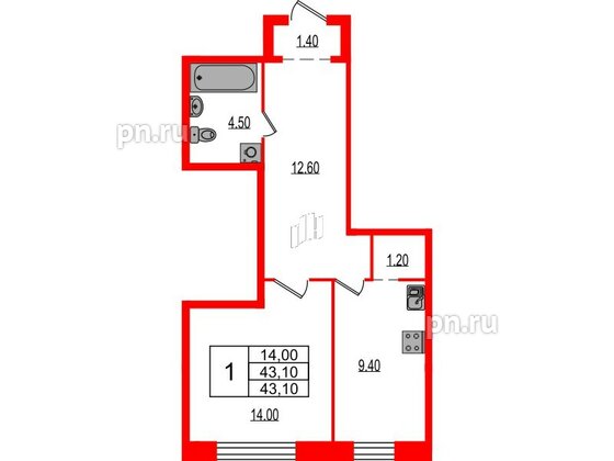 Квартира в ЖК Эко Гармония, 1 комнатная, 43.67 м², 1 этаж