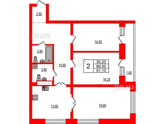 Квартира в ЖК Эко Гармония, 3 комнатная, 91.1 м², 1 этаж