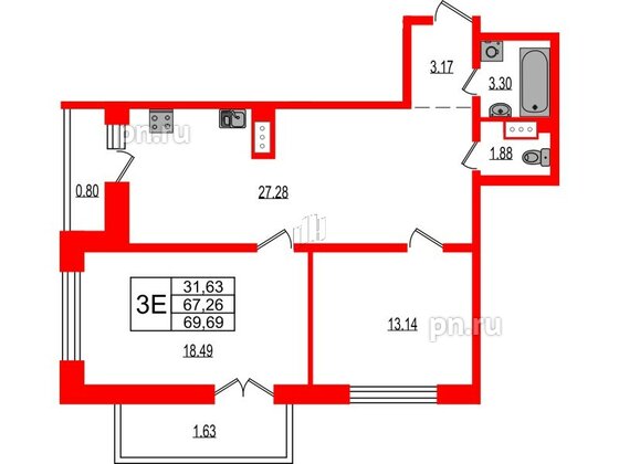 Квартира в ЖК Эко Гармония, 2 комнатная, 69.69 м², 2 этаж