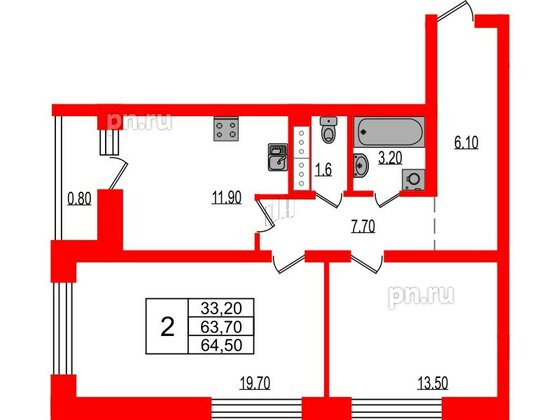 Квартира в ЖК Эко Гармония, 2 комнатная, 64.5 м², 1 этаж