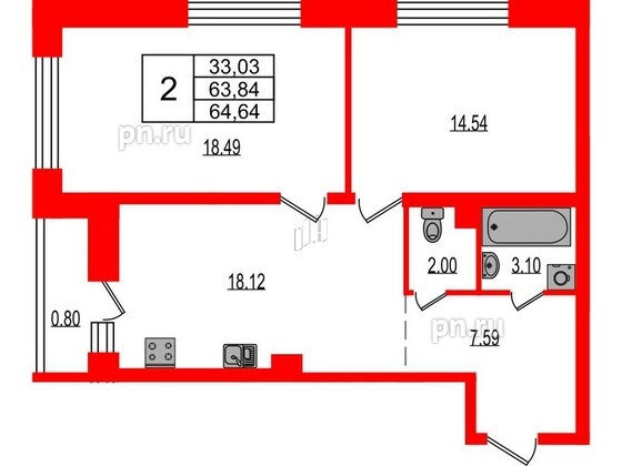 Квартира в ЖК Эко Гармония, 2 комнатная, 64.64 м², 1 этаж