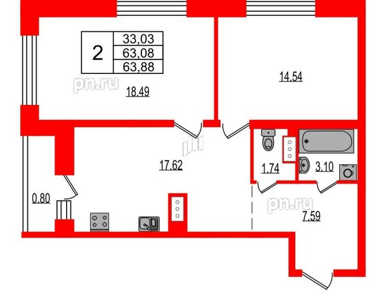 Квартира в ЖК Эко Гармония, 2 комнатная, 63.88 м², 2 этаж