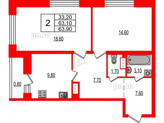 Квартира в ЖК Эко Гармония, 2 комнатная, 63.88 м², 4 этаж